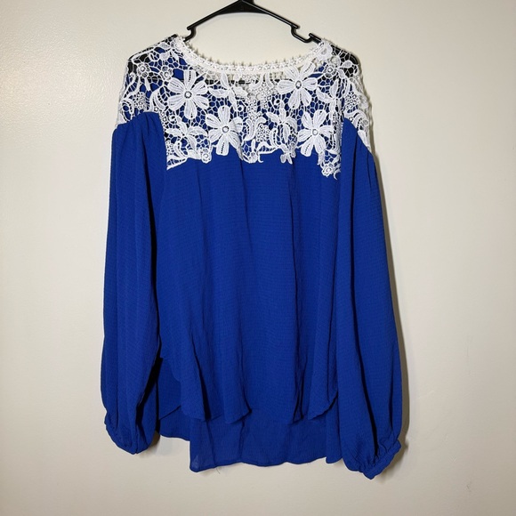 Umgee Tops - Umgee Royal Blue Blouse with White Lace Yoke